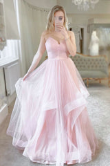 Pink Tulle Long A-Line Prom Dresses Pink V-Neck Graduation Dresses