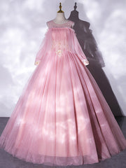 Pink Tulle Long Sleeve 3D Appliques Quinceanera Dresses