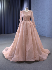 Pink Tulle Long Sleeve Beading Pearls Prom Dresses