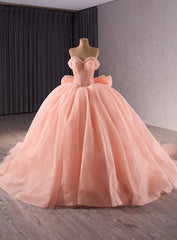 Pink Tulle Off the Shoulder Beading Bow Prom Dresses