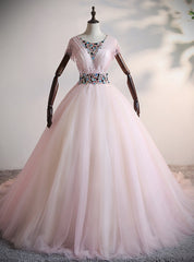 Pink Tulle Pleats Beading Crystal Quinceanera Dresses