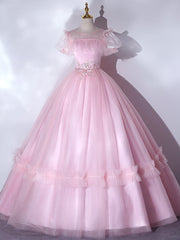 Pink Tulle Puff Sleeve Appliques Quinceanera Dresses