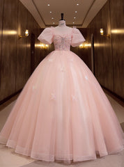 Pink Tulle Puff Sleeve Beading Quinceanera Dresses