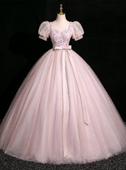 Pink Tulle Puff Sleeve Flower Quinceanera Dresses