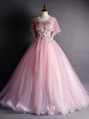 Pink Tulle Sequins 3D Appliques Pearls Quinceanera Dresses