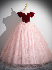 Pink Tulle Sequins Burgundy Velvet Off the Shoulder Quinceanera Dresses