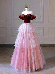 Pink Tulle Sequins Burgundy Velvet Prom Dresses