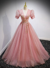 Pink Tulle Sequins Deep V-neck Puff Sleeve Beading Prom Dresses