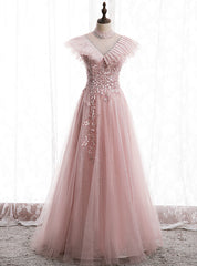 Pink Tulle Sequins High Neck Backless Appliques Prom Dresses