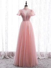 Pink Tulle Sequins High Neck Short Sleeve Beading Pleats Prom Dress