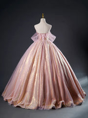 Pink Tulle Sequins Long Prom Dress, Pink Tulle Long Formal Evening Gowns