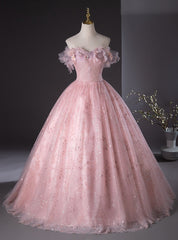 Pink Tulle Sequins Off the Shoulder 3D Flower Quinceanera Dresses