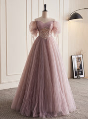 Pink Tulle Sequins Puff Sleeve Off the Shoulder Prom Dresses