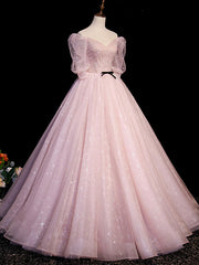 Pink Tulle Short Sleeves Ball Gown Long Formal Dresses, Pink Evening Dresses