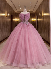 Pink Tulle Spagehtti Straps Pleats Appliques Quinceanera Dresses