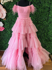 Pink Tulle Spaghetti Straps Pleats Feather Prom Dresses