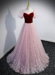 Pink Tulle Square Puff Sleeve Prom Dresses