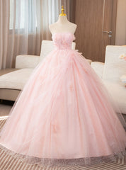 Pink Tulle Strapless Pleats Flower Quinceanera Dresses