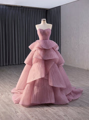 Pink Tulle Strapless Tiers Pleats Prom Dresses