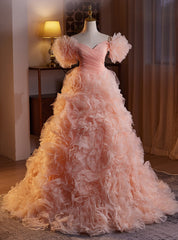 Pink Tulle Tiers Off the Shoulder Prom Dresses