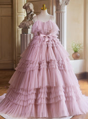 Pink Tulle Tiers Spaghetti Straps Quinceanera Dresses