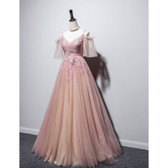 Pink Tulle V-neckline Floral Long Prom Dress, Pink Straps Party Dress