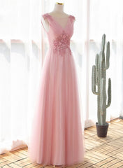 Pink Tulle V-neckline with Lace Long Party Dress, Pink Tulle Prom Dress