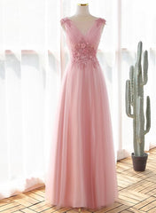 Pink Tulle V-neckline with Lace Long Party Dress, Pink Tulle Prom Dress