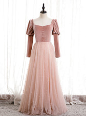 Pink Tulle Velvet Long Sleeve Square Pearls Prom Dresses