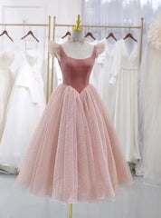 Pink Tulle Velvet Straps Prom Dresses