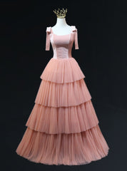 Pink Tulle Velvet Tiers Straps Prom Dresses