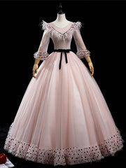 Pink Tulle Wave Point Long Sleeve Quinceanera Dresses