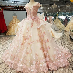 Pink Tulle with Flowers and Beaded Long Party Dress, Pink Sweet 16 Gown