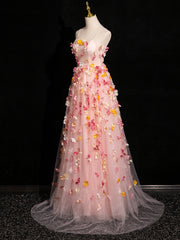 Pink Tulle with Flowers Sweetheart Straps Long Evening Dresses, Pink Tulle Prom Dresses