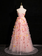 Pink Tulle with Flowers Sweetheart Straps Long Evening Dresses, Pink Tulle Prom Dresses