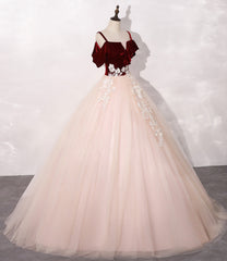 Pink Tulle with Velvet Top Long Party Dress Prom Dres, Ball Gown Sweet 16 Dresses