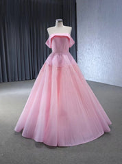 Pink Tullle Strapless Pleats Beading Prom Dresses