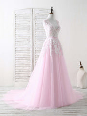 Pink V Neck Tulle Lace Applique Long Prom Dress Pink Evening Dress