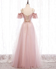 Pink v neck tulle lace long prom dress pink bridesmaid dress