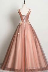 Pink v neck tulle lace long prom dress pink tulle formal dress