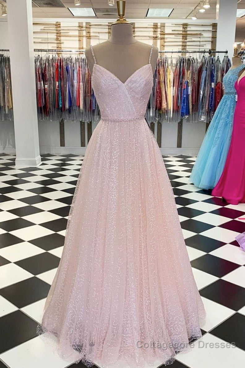 Pink v neck tulle sequin long prom dress pink tulle formal dress