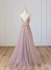 Pink V-neckline Beaded Straps Floor Length Party Dress, Pink Long Formal Dress