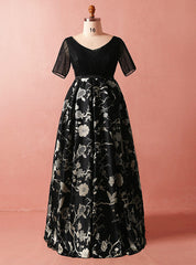 Plus Size Black Print High Waist Short Sleeve Prom Dresses