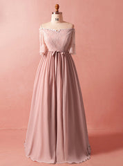 Plus Size Pink Chiffon Short Sleeve Off The Shoulder Prom Dresses