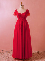 Plus Size Red Tulle Appliques Short Sleeve Floor Length Prom Dresses