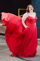 Plus Size Satin Spaghetti Straps Red Long Prom Dress with Pockets