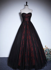 Pretty A-line Black and Red Lace Sweetheart Evening Dresses, Black and Red Prom Dresses