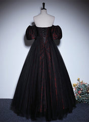 Pretty A-line Black and Red Lace Sweetheart Evening Dresses, Black and Red Prom Dresses