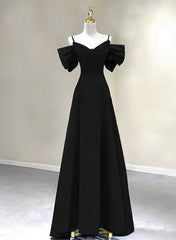 Pretty Black A-line Long Party Dresses, Black Floor Length Prom Dresses Evening Dresses