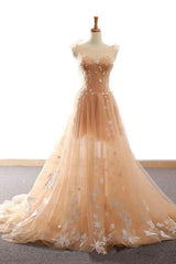 Pretty Champagne Straps Custom Tulle Party Dresses, Lace Applique Formal Dresses